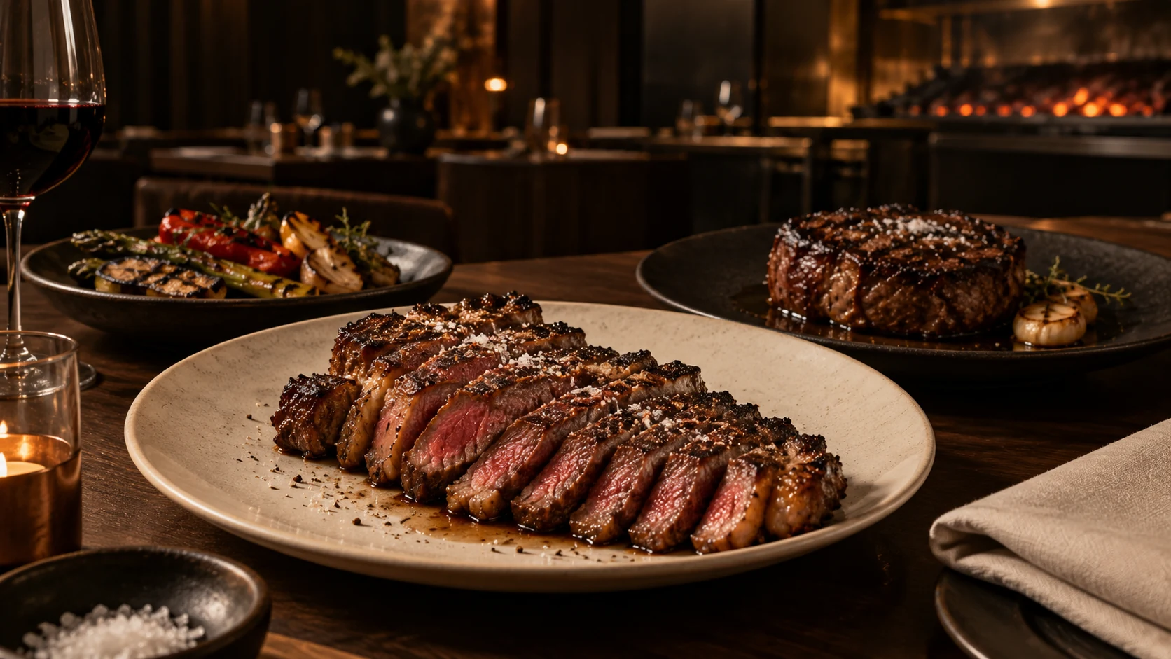 Carne fatiada em louça marfim, corte alto e legumes grelhados sobre uma mesa de madeira.
